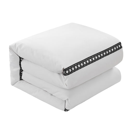 Chic Home Lewiston 3 Piece Cotton Blend Duvet Cover 1500 Thread Count Set Solid White With Embroidered Lattice Stitching Details Black