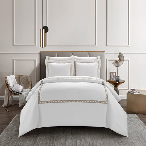 Chic Home Lewiston 3 Piece Cotton Blend Duvet Cover 1500 Thread Count Set Solid White With Embroidered Lattice Stitching Details Taupe