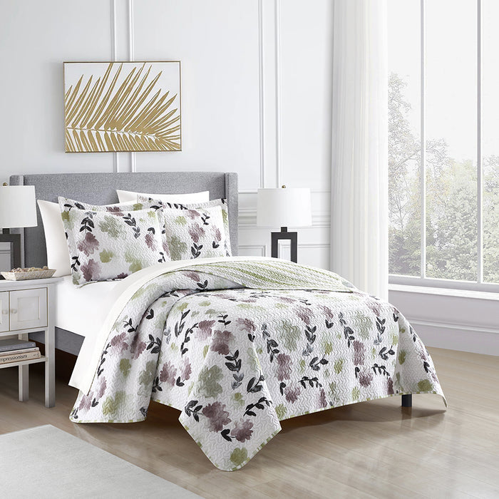 Chic Home Parson Green 5 Piece Quilt Set Reversible Watercolor Floral Print Striped Pattern Design Bed in a Bag Bedding Twin XL Multi-color - Twin XL