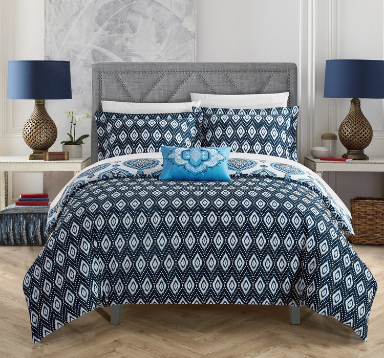 Chic Home Cedar 4 Pieces Duvet Cover Set Cotton Zipper Closure Pillow Shams - King 106x92, Blue - King