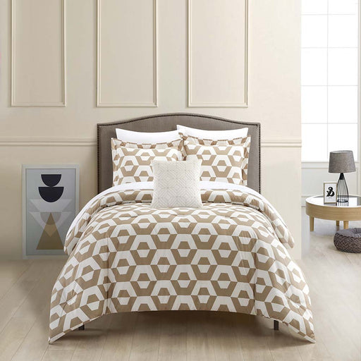 Chic Home Miles 8 Piece Comforter Set Contemporary Geometric Hexagon Pattern Print Design Bed In A Bag Bedding Beige
