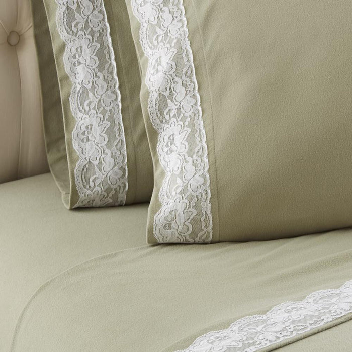 Shavel Micro Flannel Quality Lace-Edged Sheet Set - King Flat/Fitted Sheet 108x110/80x78x18" 2-Pillowcase 21x40" - Meadow. - King,Meadow
