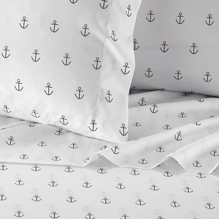 NY&C Home Marina 3 Piece Sheet Set Super Soft Nautical Theme Geometric Anchor Pattern Print Design – Includes 1 Flat, 1 Fitted Sheet, and 1 Pillowcase, Twin XL, White - White