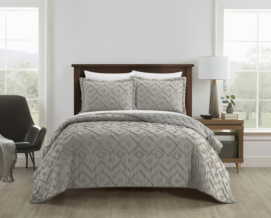 NY&C Home Cody 3 Piece Cotton Quilt Set Clip Jacquard Geometric Pattern Bedding - Pillow Shams Included, King, Grey - King