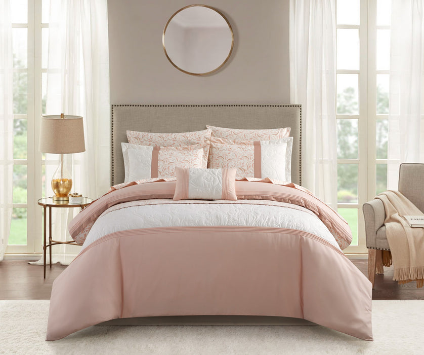 Chic Home Ava Comforter Set Color Block Floral Pleated Stitching Print Details Design Bed In A Bag Bedding - Sheets Pillowcases Decorative Pillow Shams Included - 8 Piece - King 106x92", Blush - King