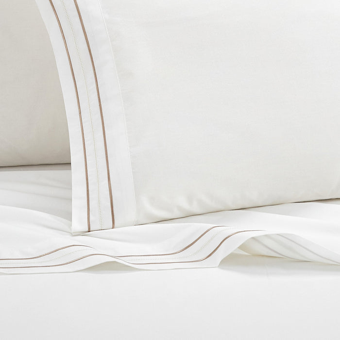 Chic Home Freya Organic Cotton Sheet Set Solid White With Dual Stripe Embroidery Zipper Stitching Details - Includes 1 Flat, 1 Fitted Sheet, and 2 Pillowcases - 4 Piece - King 108x102, Beige - King