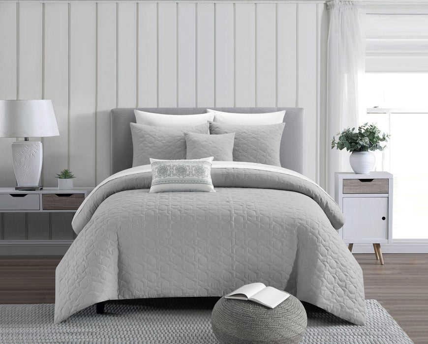 NY&C Home Davina 5 Piece Comforter Set Geometric Hexagonal Pattern Design Bedding - Decorative Pillows Shams Included, King, Grey - King