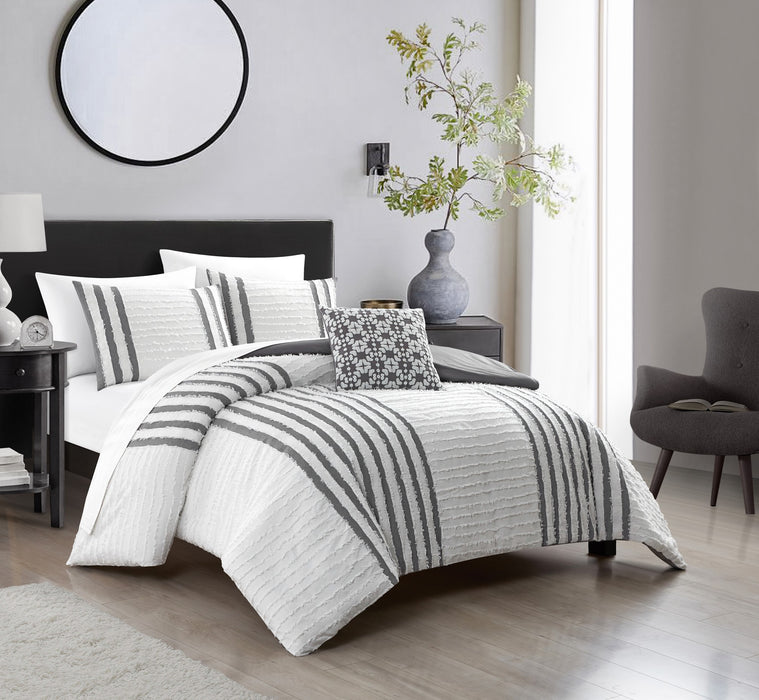 Chic Home Sofia Cotton Comforter Set Clip Jacquard Striped Pattern Design Bedding - Decorative Pillow Shams Included - 4 Piece - King 104x96", Grey - King