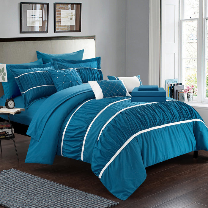Chic Home Stieg 10 Pieces Comforter Set Complete BIB Pleated Ruched Ruffled Bedding With Sheet Set & Decorative Pillows Shams - King 104x90, Teal - King