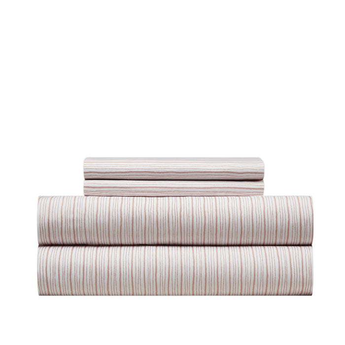 NY&C Home Samara 4 Piece Sheet Set Super Soft Unique Striped Pattern Print Design – Includes 1 Flat, 1 Fitted Sheet, and 2 Pillowcases, King, Rose - Rose