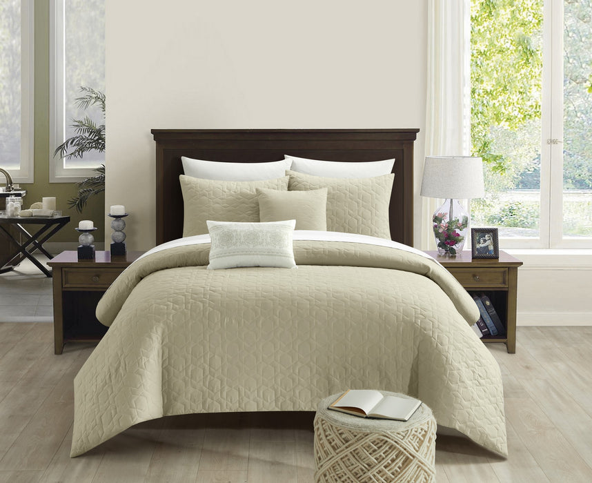 NY&C Home Davina 5 Piece Comforter Set Geometric Hexagonal Pattern Design Bedding - Decorative Pillows Shams Included, King, Beige - King