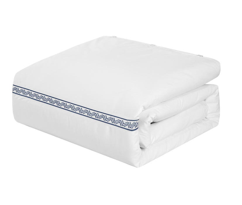 Chic Home Ella Cotton Duvet Cover Set Solid White Dual Stripe Embroidered Border Zig-Zag Details Hotel Collection Bedding - Includes Sheets Pillowcases Pillow Shams - 7 Piece - Queen 92x96, Navy - Queen