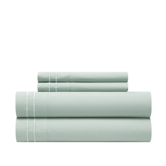 Chic Home Savannah Sheet Set Solid Color With Dual Stripe Embroidery - Includes 1 Flat, 1 Fitted Sheet, and 1 Pillowcase - 3 Piece - Twin 66x102", Green - Green