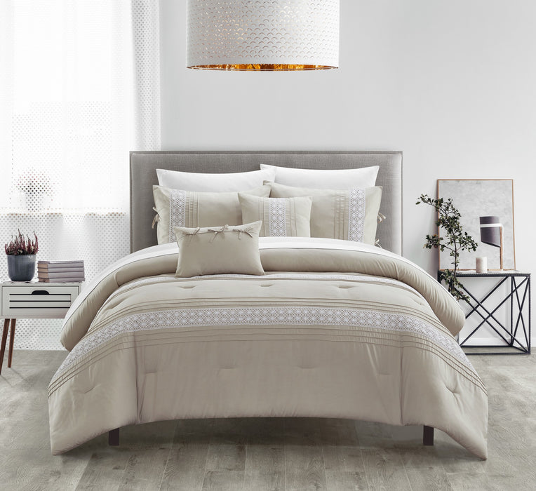 Chic Home Brice Comforter Set Pleated Embroidered Design Bedding - Decorative Pillows Shams Included - 5 Piece - King 104x92", Beige - King