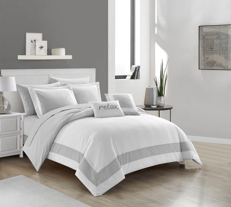 NY&C Home Gibson 7 Piece Comforter Set Striped Hotel Collection Design Bed In A Bag Bedding - Sheets Decorative Pillows Pillowcase Sham Included, Twin, Grey - Grey