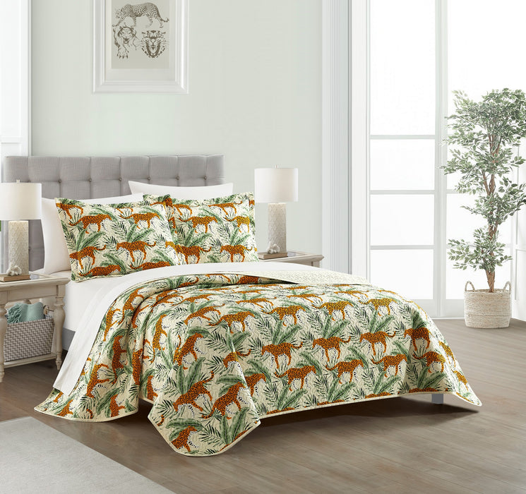 NY&C Home Wild Safari 3 Piece Quilt Set Big Cat Jungle Themed Pattern Print Bedding - Pillow Shams Included, Queen - Queen