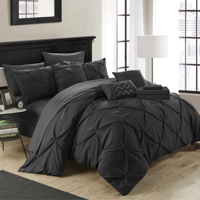 Chic Home Mycroft Pinch Pleated Ruffled Bed In A Bag Soft Microfiber Sheets 10 Pieces Comforter Decorative Pillows & Shams - King 104x90, Black - King