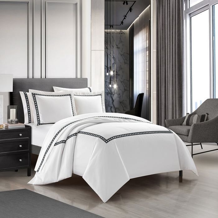 Chic Home Lewiston 7 Piece Cotton Blend Duvet Cover 1500 Thread Count Set Solid White With Embroidered Details Bed In A Bag Black
