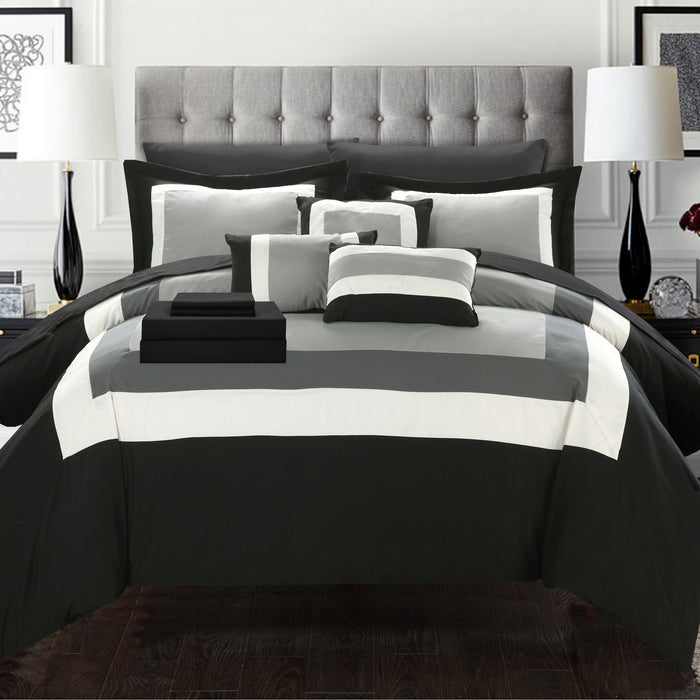Chic Home Elegant Beaudine 10 Pieces Comforter Bed In A Bag Sheets Decorative Pillows & Shams - King 104x90, Black - King