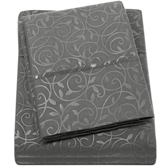 Plazatex Vine Print 90GSM Brushed Microfiber Soft Wrinkle Free Sheet Set - Full 54x75", Gray - Full,Gray