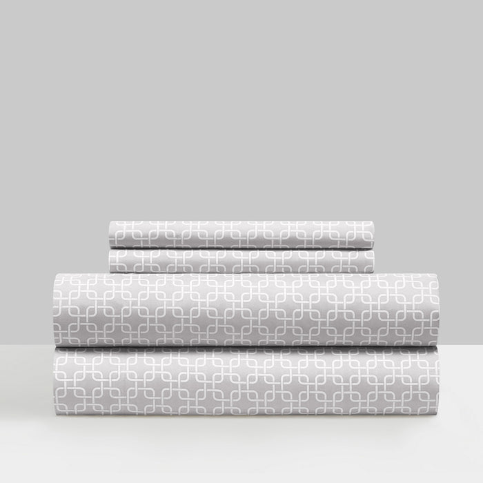 NY&C Home Lucille 4 Piece Sheet Set Super Soft Two-Tone Interlaced Geometric Pattern Print Design – Includes 1 Flat, 1 Fitted Sheet, and 2 Pillowcases, Queen, Grey - Gray