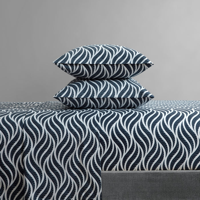 NY&C Home Kate 4 Piece Sheet Set Super Soft Two-Tone Geometric Leaf Pattern Print Design – Includes 1 Flat, 1 Fitted Sheet, and 2 Pillowcases, Queen, Navy - Queen