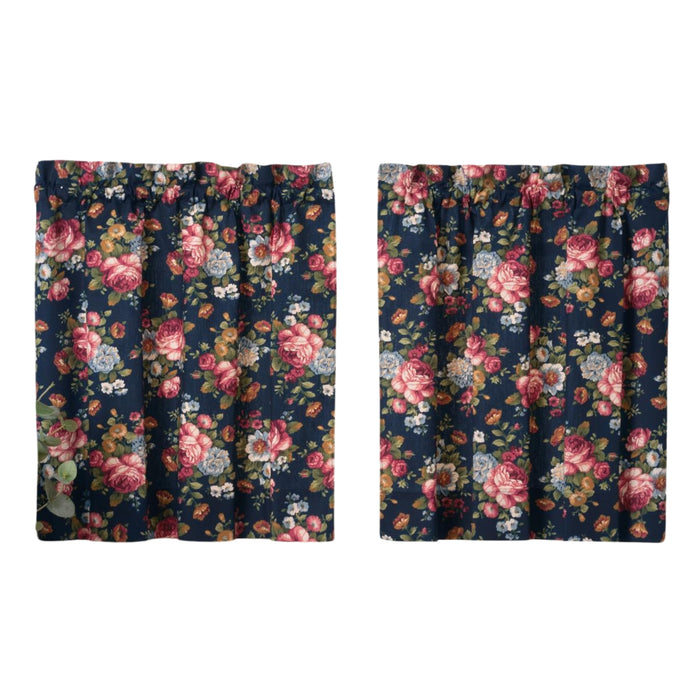 Ellis Bella Rose Gorgeous Medium Scale Printed Floral Pattern 1.5" Rod Pocket Tier for Windows Navy