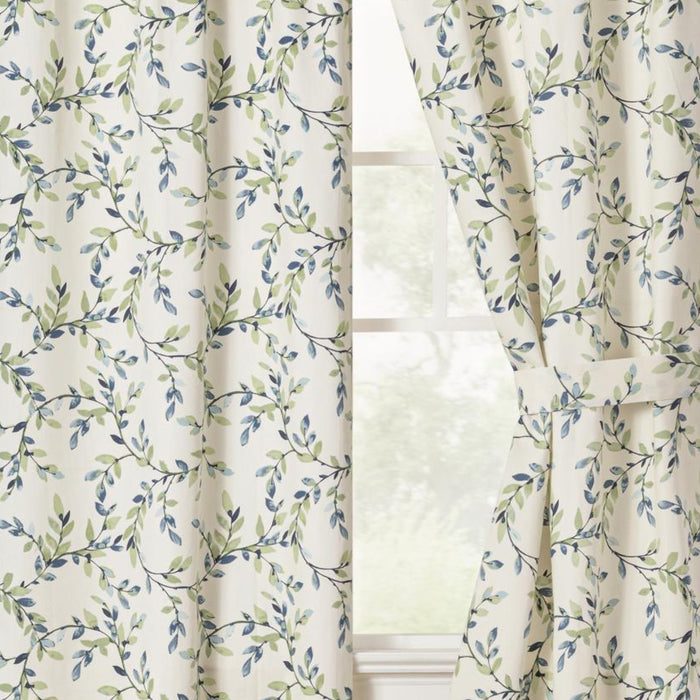Ellis Vintage Medium Scale Printed Vine Pattern 1.5" Rod Pocket Tailored Pair for Windows with Ties Azure
