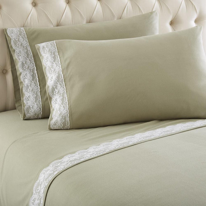 Shavel Micro Flannel Quality Lace-Edged Sheet Set - Queen Flat/Fitted Sheet 92x108/80x60x18" 2-Pillowcase 21x32" - Meadow. - Queen,Meadow