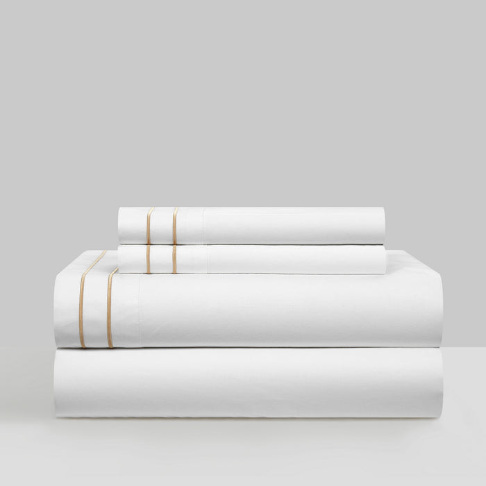 Chic Home Valencia Organic Cotton Sheet Set Solid White With Dual Stripe Embroidery - Includes 1 Flat, 1 Fitted Sheet, and 2 Pillowcases - 4 Piece - King 108x102, Gold - King