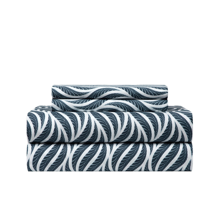 NY&C Home Kate 3 Piece Sheet Set Super Soft Two-Tone Geometric Leaf Pattern Print Design – Includes 1 Flat, 1 Fitted Sheet, and 1 Pillowcase, Twin XL, Navy - Twin XL
