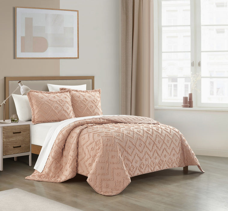 NY&C Home Cody 3 Piece Cotton Quilt Set Clip Jacquard Geometric Pattern Bedding - Pillow Shams Included, Queen, Dusty Rose - Queen