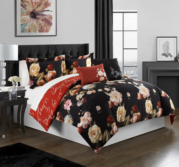 Chic Home Enid 5 Piece Reversible Comforter Set Floral Print Cursive Script Design Bedding - Decorative Pillows Shams Included - King 106x92", Black - King