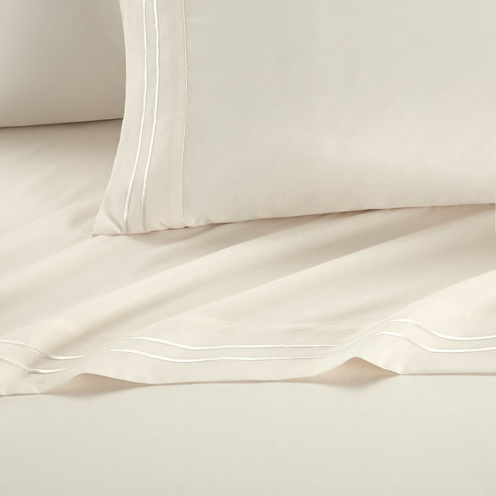Chic Home Savannah Sheet Set Solid Color With Dual Stripe Embroidery - Includes 1 Flat, 1 Fitted Sheet, and 2 Pillowcases - 4 Piece - King 108x102", Beige - Beige