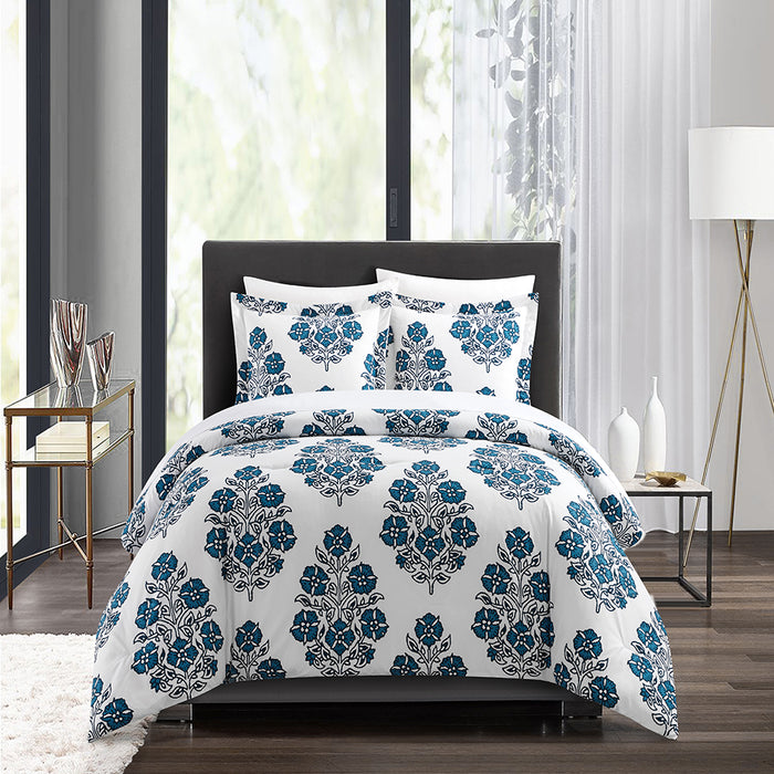 Chic Home Yazmin 7 Piece Duvet Cover Set Large Scale Floral Medallion Print Design Bed In A Bag Bedding Queen Blue - Queen