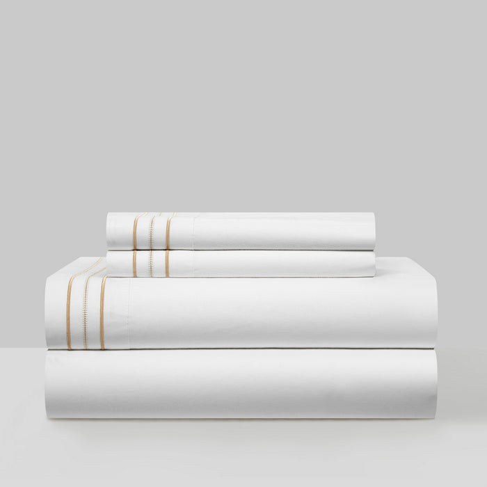 Chic Home Freya Organic Cotton Sheet Set Solid White With Dual Stripe Embroidery Zipper Stitching Details - Includes 1 Flat, 1 Fitted Sheet, and 2 Pillowcases - 4 Piece - King 108x102, Gold - King
