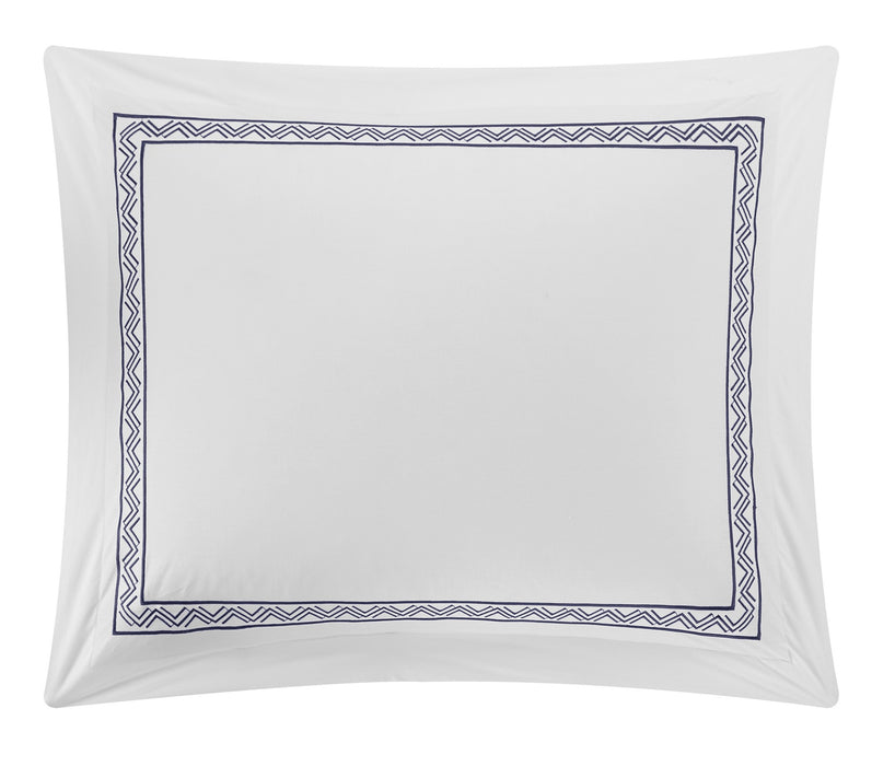Chic Home Ella Cotton Duvet Cover Set Solid White Dual Stripe Embroidered Border Zig-Zag Details Hotel Collection Bedding - Includes Sheets Pillowcases Pillow Shams - 7 Piece - Queen 92x96, Navy - Queen