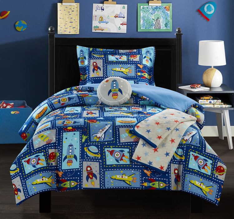 Chic Home Spaceship 4 Piece Comforter Set "Space Explorer" Design Bedding - Throw Blanket Decorative Pillow Sham Included Twin XL Blue - Twin