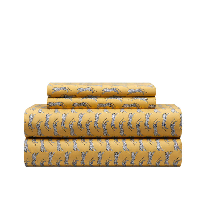 NY&C Home Spot On 4 Piece Sheet Set Super Soft Big Cat Wildlife Theme Geometric Pattern Print Design – Includes 1 Flat, 1 Fitted Sheet, and 2 Pillowcases,King , Gold - King