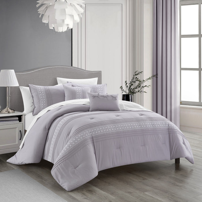 Chic Home Brice Comforter Set Pleated Embroidered Design Bed In A Bag - Sheet Set Decorative Pillows Shams Included - 9 Piece - King 104x92", Lilac - King