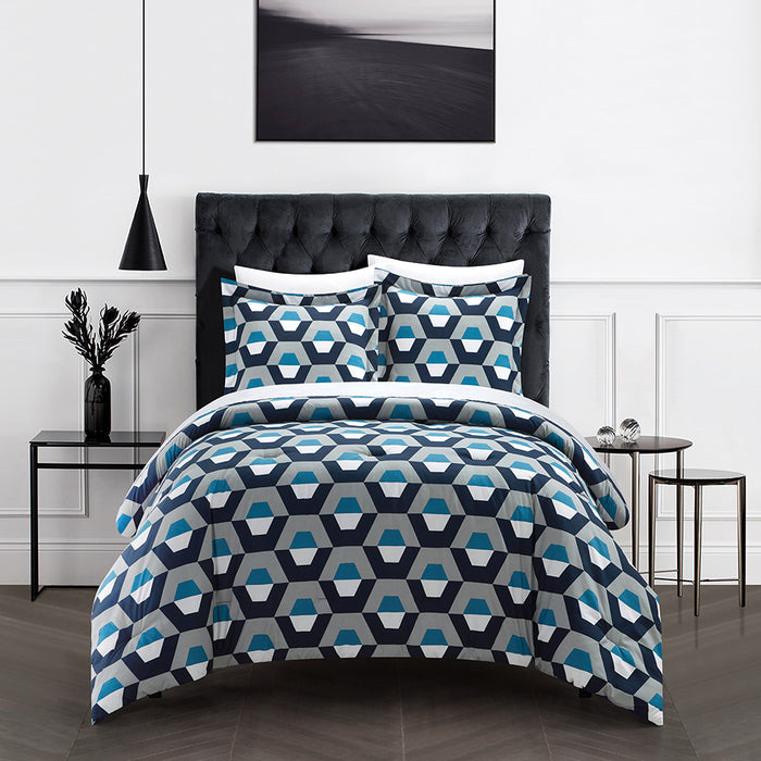 Chic Home Tudor 3 Piece Duvet Cover Set Contemporary Geometric Hexagon Pattern Print with Zipper Closure King Blue - King