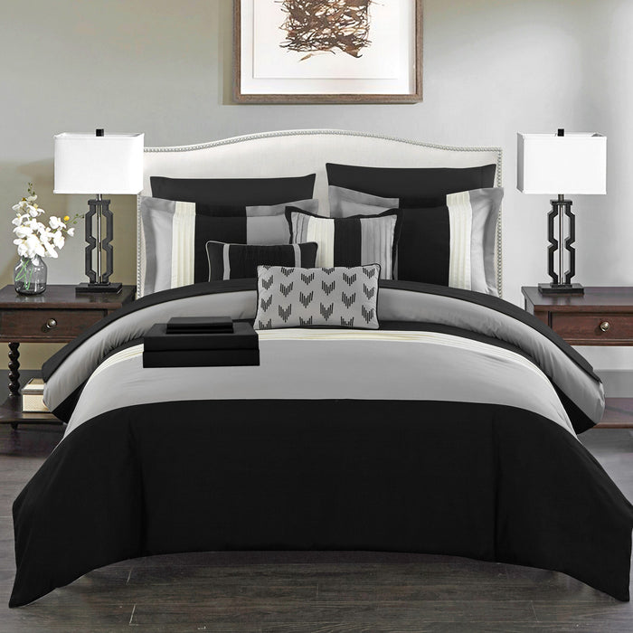 Chic Home Moriarty Elegant Color Block Ruffled BIB Soft Microfiber Sheets 10 Pieces Comforter Decorative Pillows & Shams - Queen 90x90, Black - Queen