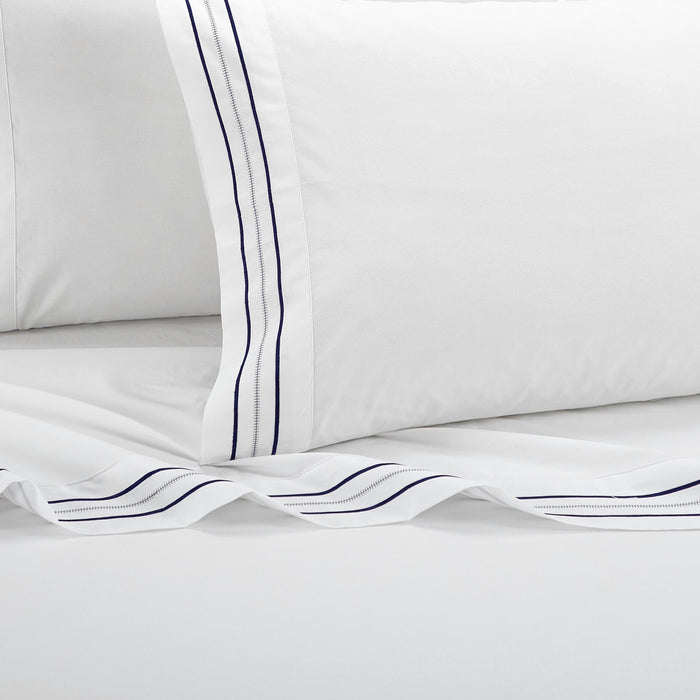 Chic Home Freya Organic Cotton Sheet Set Solid White With Dual Stripe Embroidery Zipper Stitching Details - Includes 1 Flat, 1 Fitted Sheet, and 2 Pillowcases - 4 Piece - Queen 90x102, Blue - Queen