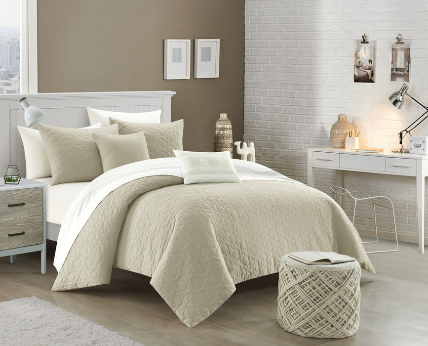 NY&C Home Davina 5 Piece Comforter Set Geometric Hexagonal Pattern Design Bedding - Decorative Pillows Shams Included, Queen, Beige - Queen