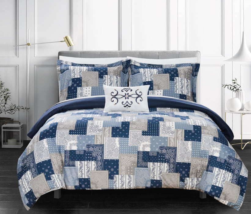 Chic Home Utopia 4 Piece Reversible Duvet Cover Set Patchwork Bohemian Paisley Print Design Bedding Queen Blue - Queen