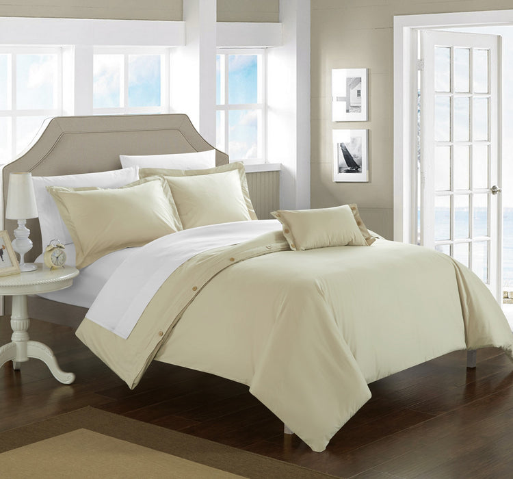 Chic Home Hartford 4 Pieces Duvet Cover Set Cotton Minimalist Twill Weave Design Button Closure Decorative Pillow Shams - Queen 90x90, Beige - Beige