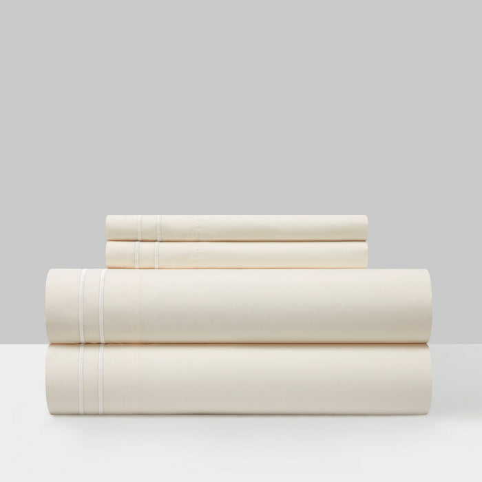 Chic Home Savannah Sheet Set Solid Color With Dual Stripe Embroidery - Includes 1 Flat, 1 Fitted Sheet, and 2 Pillowcases - 4 Piece - King 108x102", Beige - Beige