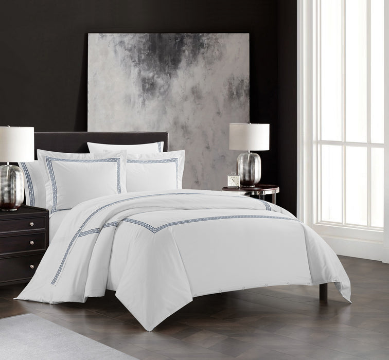 Chic Home Ella Cotton Duvet Cover Set Solid White Dual Stripe Embroidered Border Zig-Zag Details Hotel Collection Bedding - Includes Sheets Pillowcases Pillow Shams - 7 Piece - Queen 92x96, Navy - Queen