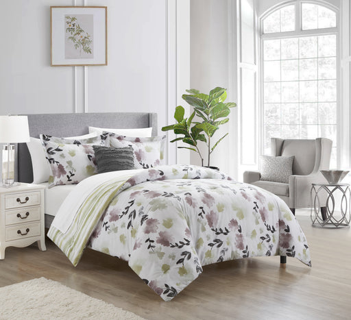 Chic Home Devon Green 8 Piece Comforter Set Reversible Watercolor Floral Print Striped Pattern Design Bed In A Bag Bedding King Multi-color - King