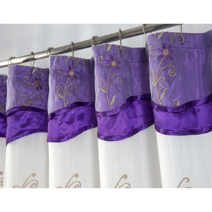 Priscilla Embroidered Shower Curtain 70'' x 72'' With Double Valance Purple - Purple